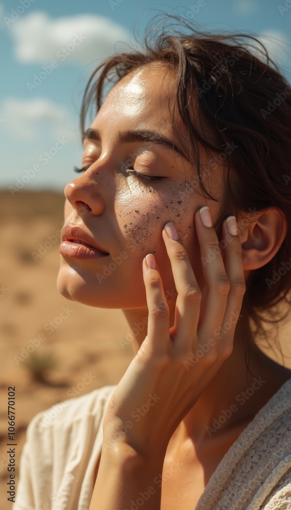 Serene Woman Touching Face, Symbolizing Drought and Resilience Serene Woman Touching Face, Symbolizing Drought and Resilience