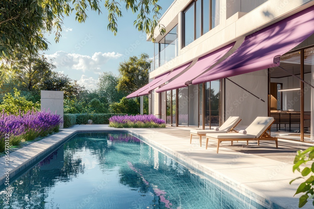 Obraz premium Daylight image of a luxurious house with a pool and minimalist lavender shades.
