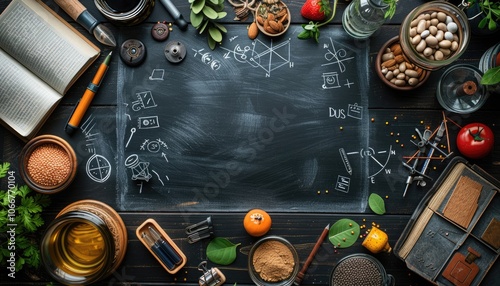 Black Wooden Tabletop with Chalkboard, Books, and Other Objects