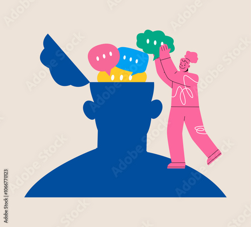 Thoughts enter the brain. The influence of others on a person's thinking. Colorful vector illustration