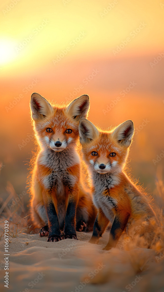 A Duo of Desert Foxes Enjoying the Sunlit Desert Terrain A Duo of Desert Foxes Enjoying the Sunlit Desert Terrain
