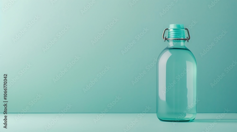 A glass water bottle with a metal carrying handle against a green background. A glass water bottle with a metal carrying handle against a green background.