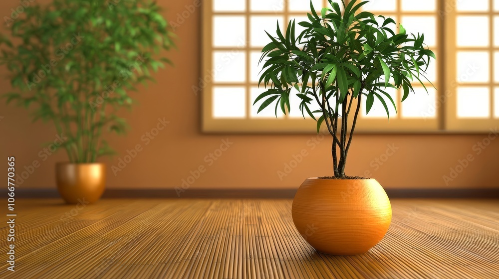 Fototapeta premium A serene interior with wooden flooring, featuring a potted plant and a warm ambiance created by natural light filtering through a window.