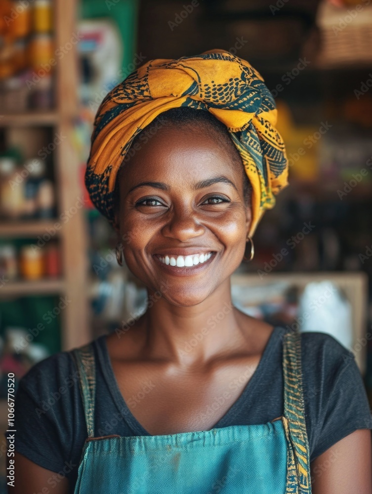 Radiant Smiling Woman in Trendy Bakery