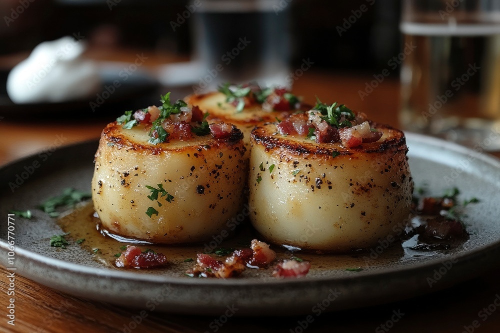 Three Seared Scallops with Bacon and Parsley on a Grey Plate Three Seared Scallops with Bacon and Parsley on a Grey Plate