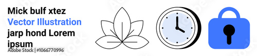 Abstract leaf, clock, and padlock symbols alongside sample text in flat style. Ideal for website, meditation, productivity, time management, security, education, technology. Banner for landing page