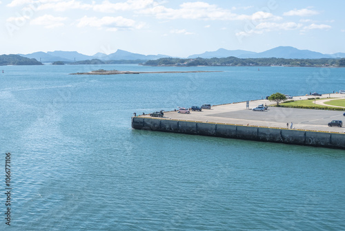 View of sea and blue sky from the top of Misumi Port Umi no Pyramid, Kumamoto, Kyushu, Japan photo