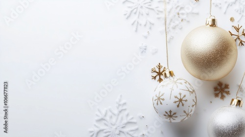 Elegant holiday ornaments on a snowy white background, ready for Christmas celebrations and festivities