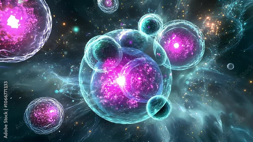 A vibrant depiction of cells in a cosmic environment, illustrating the beauty of microscopic life within a vast universe. A vibrant depiction of cells in a cosmic environment, illustrating the beauty of microscopic life within a vast universe.