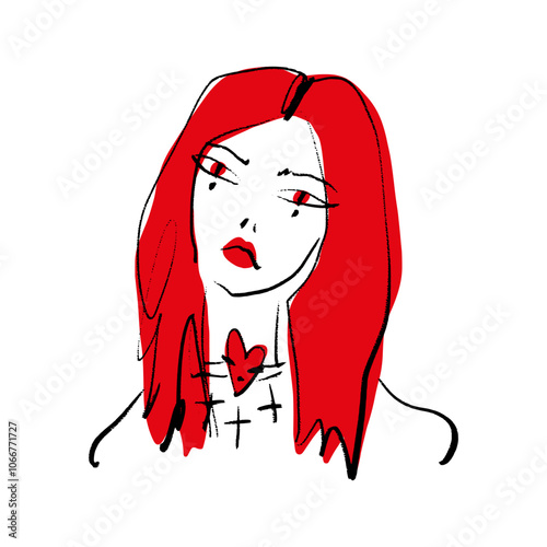 Redhead podium fashion girl beauty makeup fast sketch portrait abstraction, vector illustration clipart abstract woman line ink brush face art print for t shirt and more, black colour contour coloring