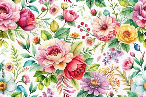 Watercolor Floral Pattern on White Background - Vibrant Blooms, Botanical Art, Floral Design, Nature Inspired, Home Decor, Textile Print, Abstract Watercolor, Decorative Patterns, Modern Aesthetic