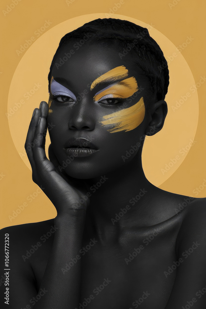 woman in monochrome with contemporary face paint and a bright yellow halo effect. woman in monochrome with contemporary face paint and a bright yellow halo effect.