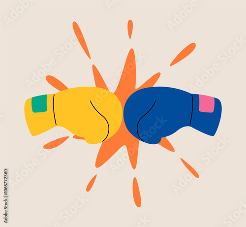 Yellow and blue boxing gloves. Fighting boxing sport. Fight match. Colorful vector illustration