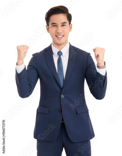 Cut out Successful excited businessman young businessman standing smile hold fist ok yes gesture with raised hands arms, studio isolated over white background.