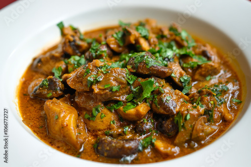 photo of a white bowl with mushroom curry