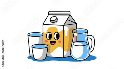 A cute, animated milk carton grins happily among four glasses, filled with refreshing liquids. The playful setup adds a fun touch to any kitchen setting