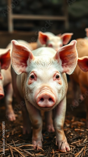 A young piglet looks directly at the camera in a farm setting