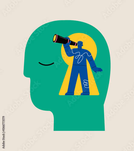 Man using telescope to look into the distance Self-discovery. Colorful vector illustration