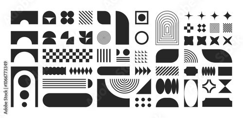 Abstract retro shapes, basic brutal forms and figures in Y2K aesthetics, black bold vintage stickers, logos, labels. Decorative design elements, vector illustration.