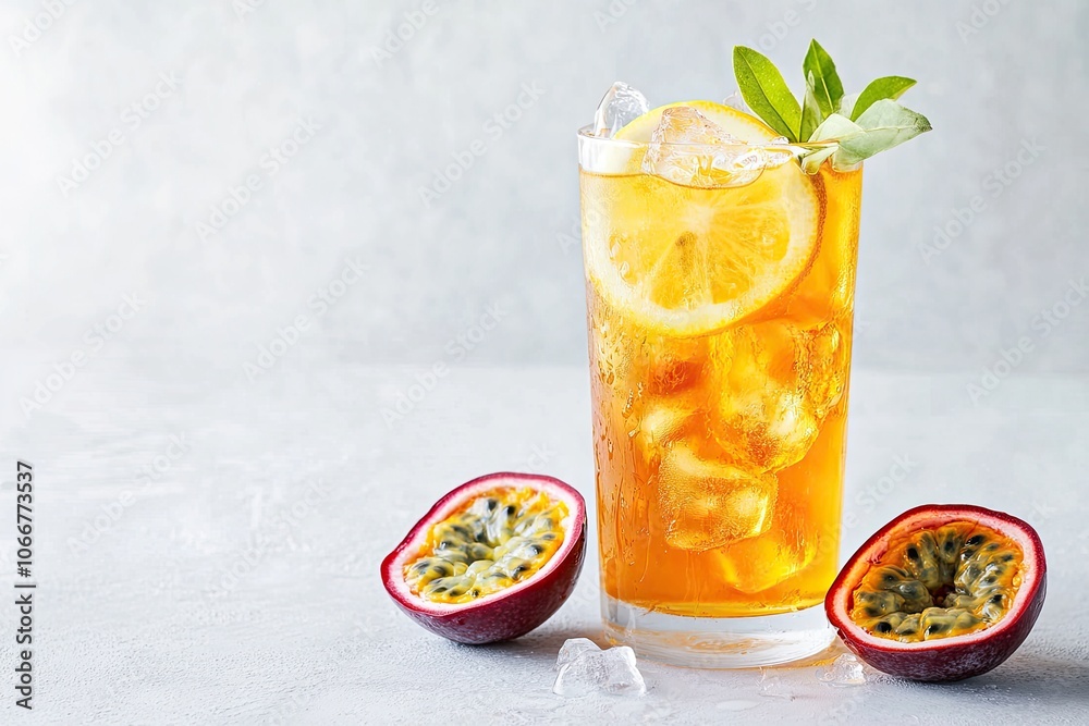 glass of Iced passion fruit soda with lemon and passion fruit half slice on a light background, refreshing drink or beverage with ice, place for tex glass of Iced passion fruit soda with lemon and passion fruit half slice on a light background, refreshing drink or beverage with ice, place for tex