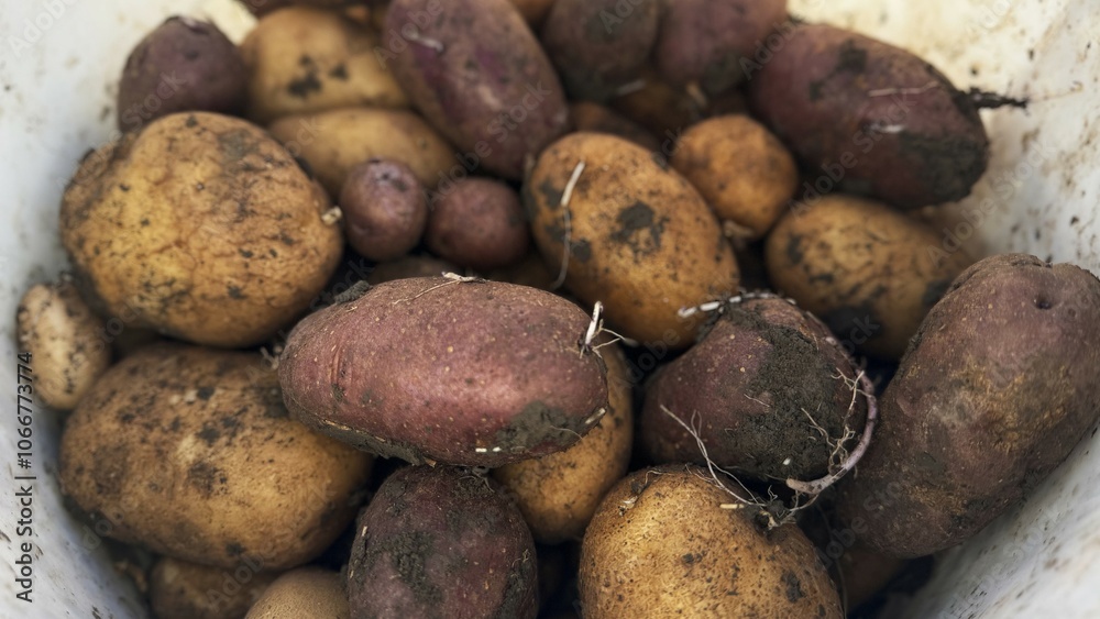 Freshly harvested potatoes gathered from the garden, showcasing a variety of sizes and colors Freshly harvested potatoes gathered from the garden, showcasing a variety of sizes and colors