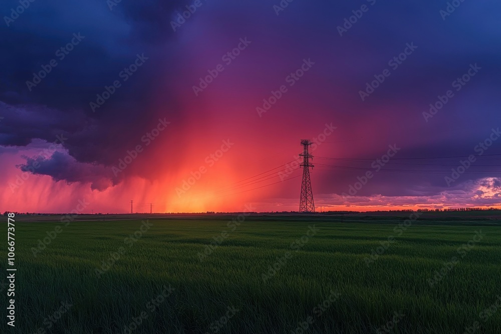 Obraz premium A dramatic sunset illuminates a stormy sky over a green field, with a power line tower silhouetted against vibrant colors.