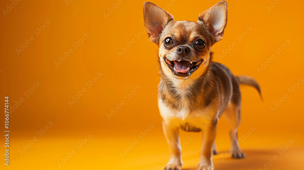 Chihuahua is a small cheerful dog smiling on a bright yellow background in the studio Chihuahua is a small cheerful dog smiling on a bright yellow background in the studio