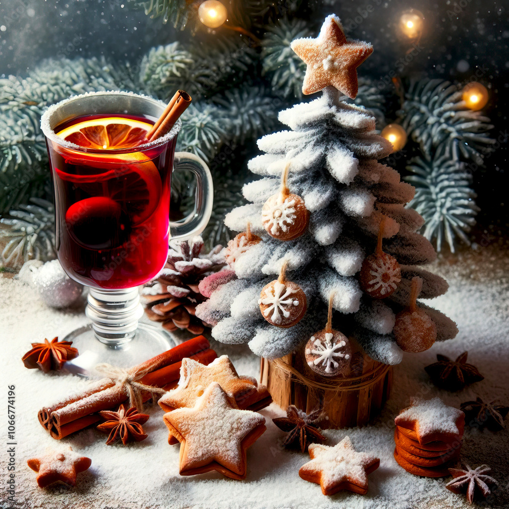 Christmas mulled wine on table near gingerbread tree and other Christmas decorations on winter background Holiday Season Christmas time Christmas mulled wine on table near gingerbread tree and other Christmas decorations on winter background Holiday Season Christmas time