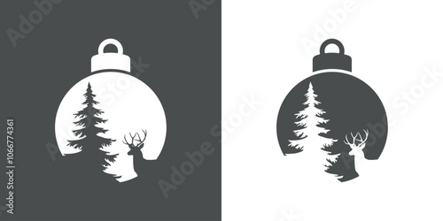 Tiempo de Navidad. Logo con silueta de bola de navidad con paisaje con ciervo o reno Rudolph y árbol tipo pino o abeto