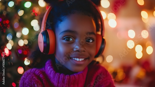 A black young girl wearing orange headphones smiles in front of a Christmas tree