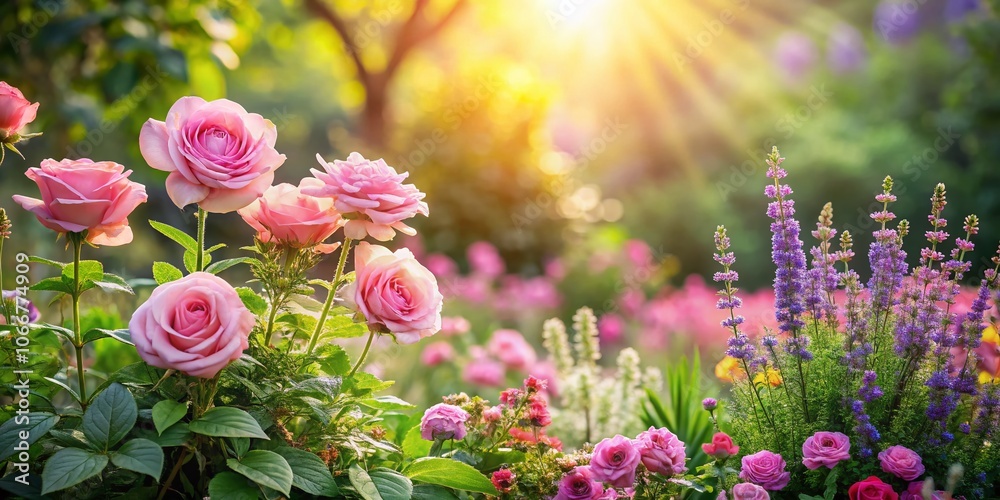 Woodland Sage and Pink Roses Blooming in a Garden Flower Bed - Vibrant Floral Composition for Nature Lovers Woodland Sage and Pink Roses Blooming in a Garden Flower Bed - Vibrant Floral Composition for Nature Lovers