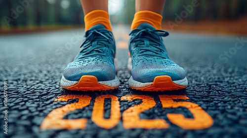 The year 2025 starts. The athlete is preparing to run along the track with text on the road.