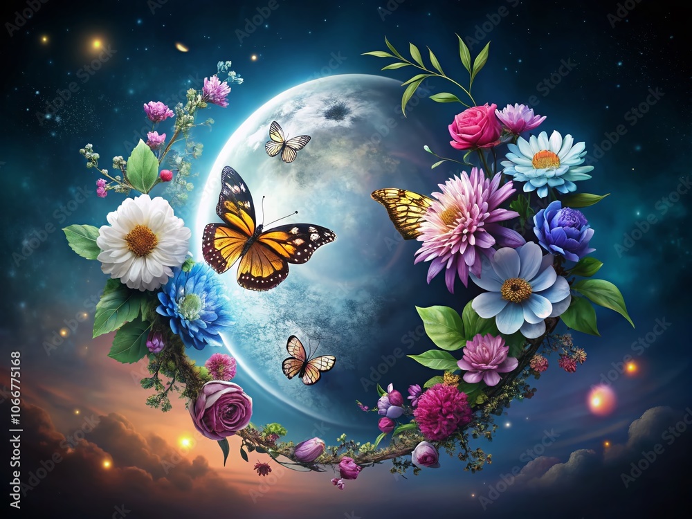 Yin Yang Floral Circle with Butterfly and Moon - Nature Harmony, Balance Art, Floral Design, Serenity, Butterfly Aesthetics, Moon Symbolism, Yin Yang Concept, Tranquility, Nature Photography Yin Yang Floral Circle with Butterfly and Moon - Nature Harmony, Balance Art, Floral Design, Serenity, Butterfly Aesthetics, Moon Symbolism, Yin Yang Concept, Tranquility, Nature Photography