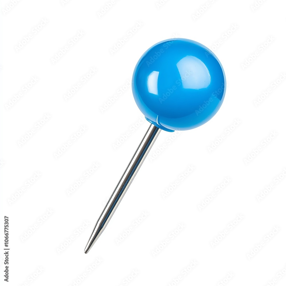 Close-up of a blue pushpin isolated on white background, showcasing its shiny plastic head and sharp metal point for office or school use. Close-up of a blue pushpin isolated on white background, showcasing its shiny plastic head and sharp metal point for office or school use.