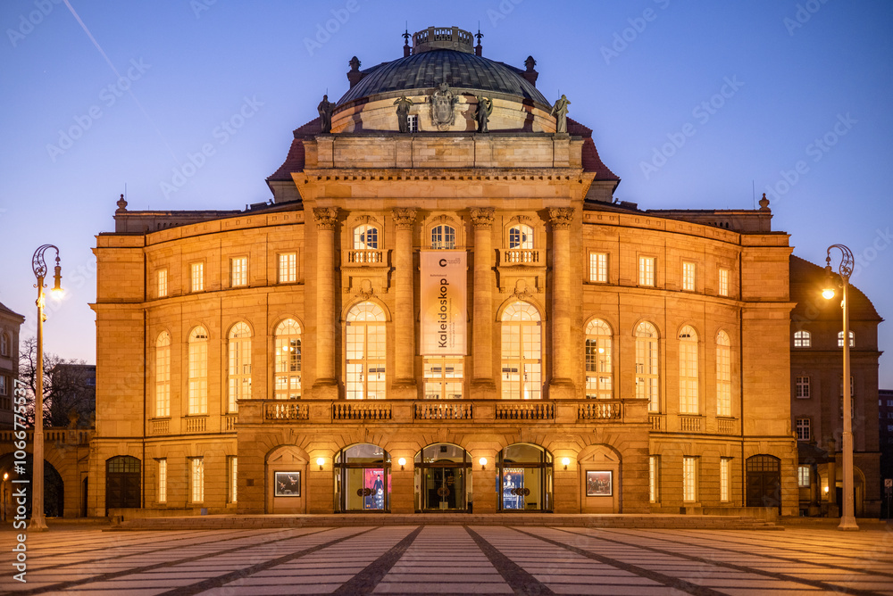 Facade of the Opera House in Chemnitz, located in the Theater Square during the blue hour of autumn season. Facade of the Opera House in Chemnitz, located in the Theater Square during the blue hour of autumn season.