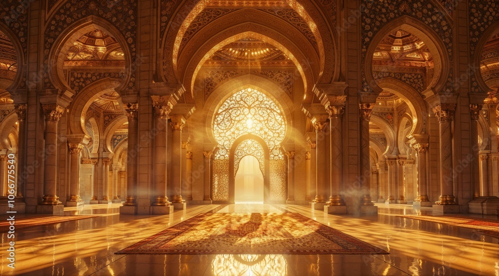 Sunlight streams through intricate golden arches in a grand hall with ornate patterns and rich decor, casting warm, mystical shadows on the polished floor Sunlight streams through intricate golden arches in a grand hall with ornate patterns and rich decor, casting warm, mystical shadows on the polished floor