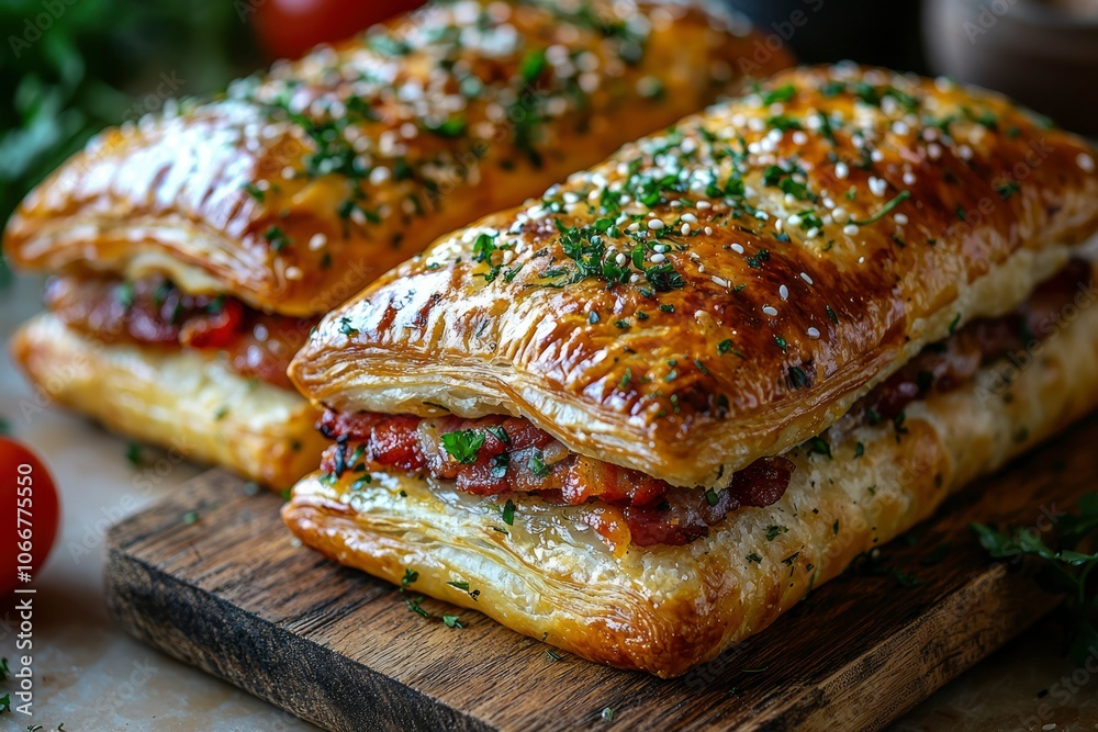 Two Puff Pastry Bites Topped with Herbs and Sesame Seeds Two Puff Pastry Bites Topped with Herbs and Sesame Seeds