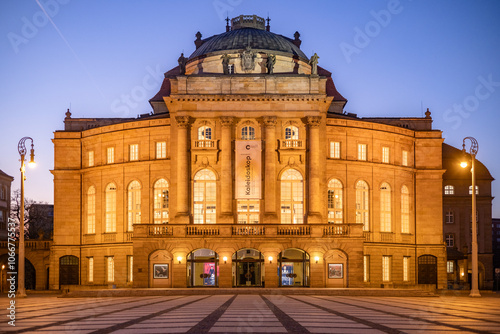 Facade of the Opera House in Chemnitz, located in the Theater Square during the blue hour of autumn season.