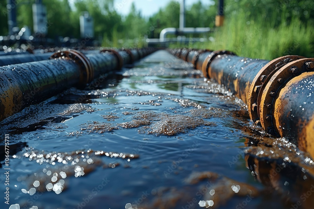 Close-up of Oil-Covered Pipes and Water in a Natural Environment Close-up of Oil-Covered Pipes and Water in a Natural Environment