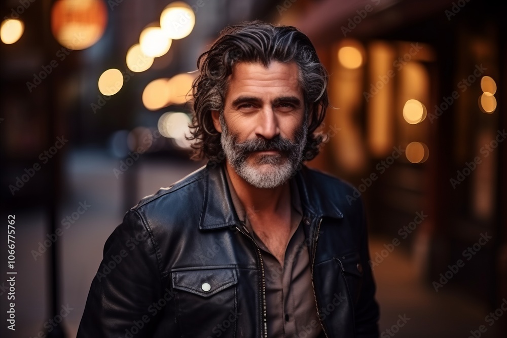 Portrait of a handsome middle-aged man in a leather jacket at night Portrait of a handsome middle-aged man in a leather jacket at night