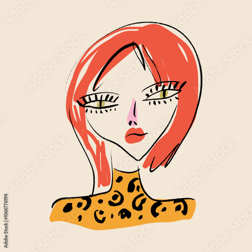 Redhead podium fashion glamour girl beauty makeup and leopard print dress glam fast sketch portrait abstraction, vector illustration clip-art abstract woman line ink brush face art print for t shirt