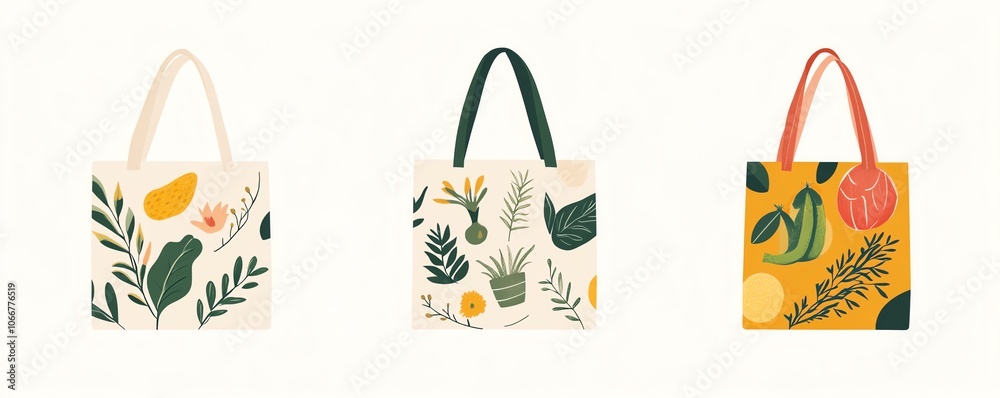 Reusable tote bags for shopping, ecoconscious lifestyle, flat design illustration Reusable tote bags for shopping, ecoconscious lifestyle, flat design illustration