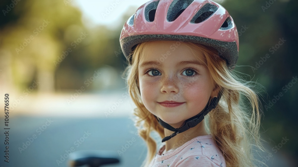 Young girl with pink helmet, outdoor portrait, bicycle rider, protective gear, smile, cute expression, nature background, active child, summer day, safety, innocence Young girl with pink helmet, outdoor portrait, bicycle rider, protective gear, smile, cute expression, nature background, active child, summer day, safety, innocence