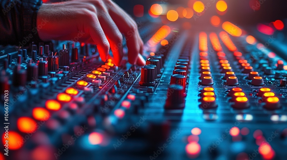 Close-Up of Music Producer Adjusting Soundboard Close-Up of Music Producer Adjusting Soundboard