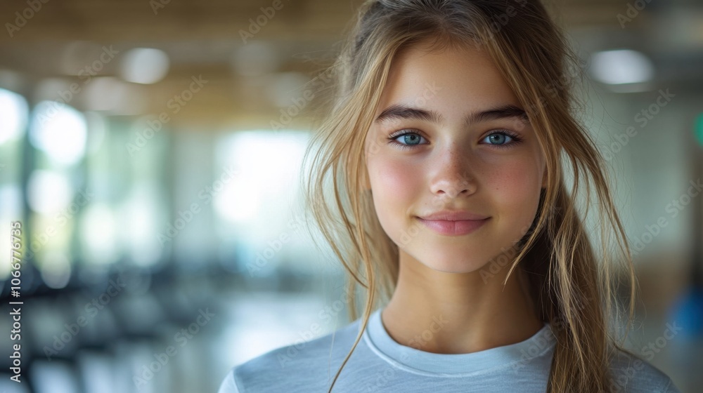 Close-up portrait of young woman with blue eyes and freckles, casual gym wear, natural beauty, confident expression, soft lighting indoors, healthy lifestyle, fitness vibes Close-up portrait of young woman with blue eyes and freckles, casual gym wear, natural beauty, confident expression, soft lighting indoors, healthy lifestyle, fitness vibes