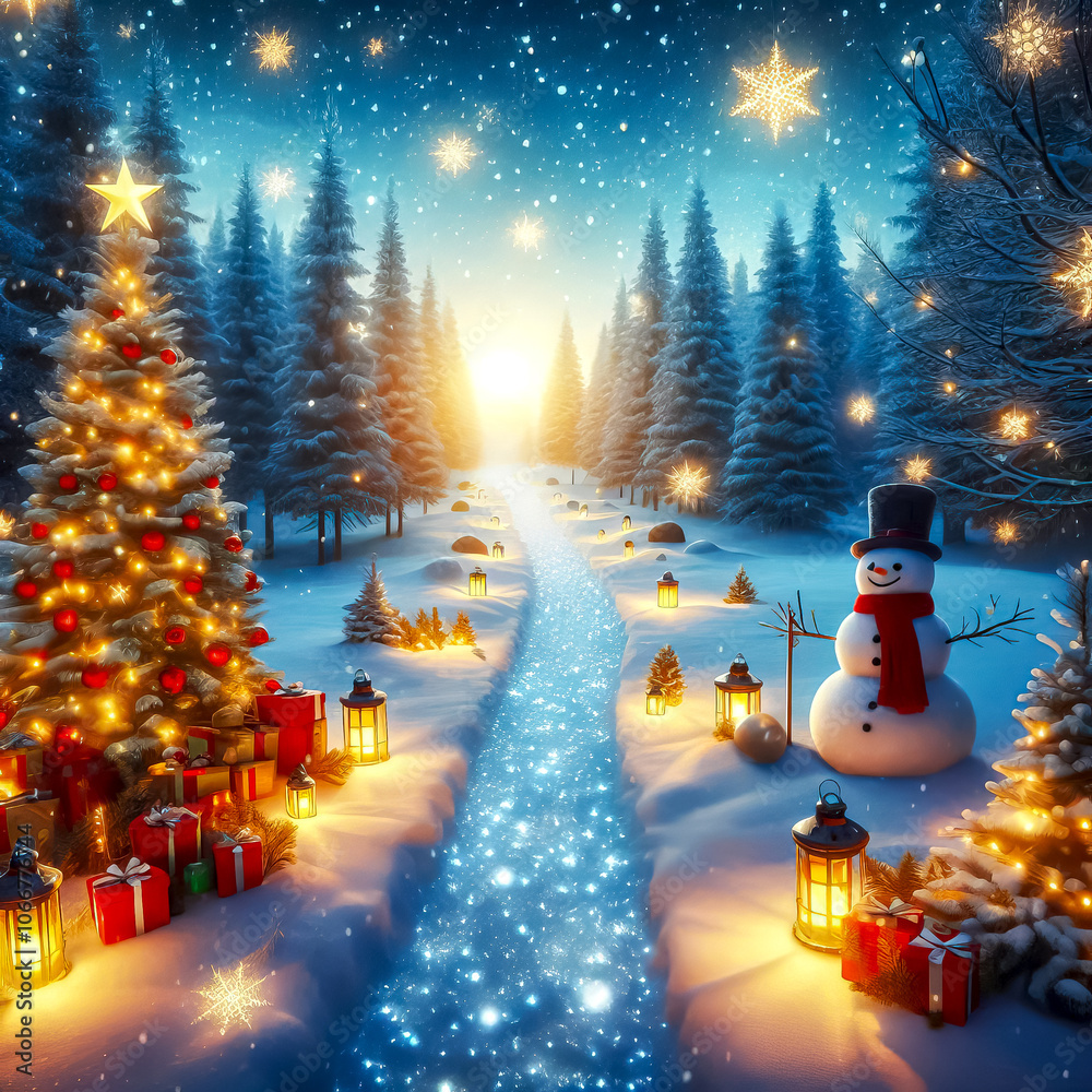 Obraz premium fairytale Christmas forest decorated with Christmas lights toys with glowing fairytale path going into the distance Holiday Season Christmas time
