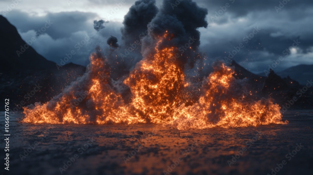Eruption of Flames and Smoke Over Water Surface Eruption of Flames and Smoke Over Water Surface
