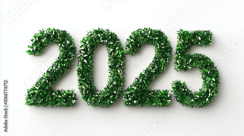 Number 2025 written with green leaves isolated on white background