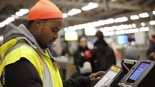 Security personnel in airport ensuring safe travel environment, vigilant officers monitoring checkpoints and maintaining order, emphasizing the importance of security in public transportation photo