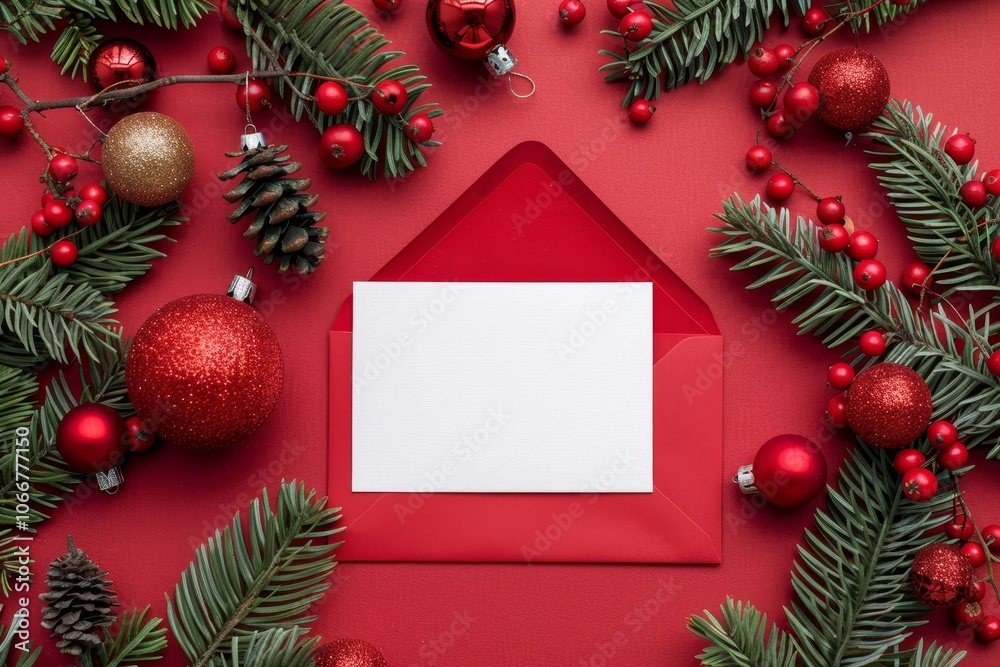 Obraz premium A blank white card and red envelope arranged on a festive red background, bordered by green pine branches, red berries, and baubles. Ideal for Christmas greetings and holiday invitations.